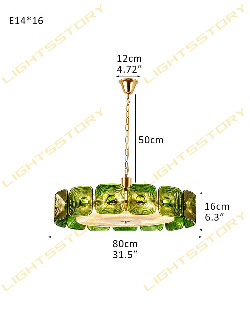 Emerald Green Ghiaccio Glass Halo Ring Chandelier - Emerald Glass, Lux Brass Trim - Living Rooms, Bedrooms, Dining Rooms