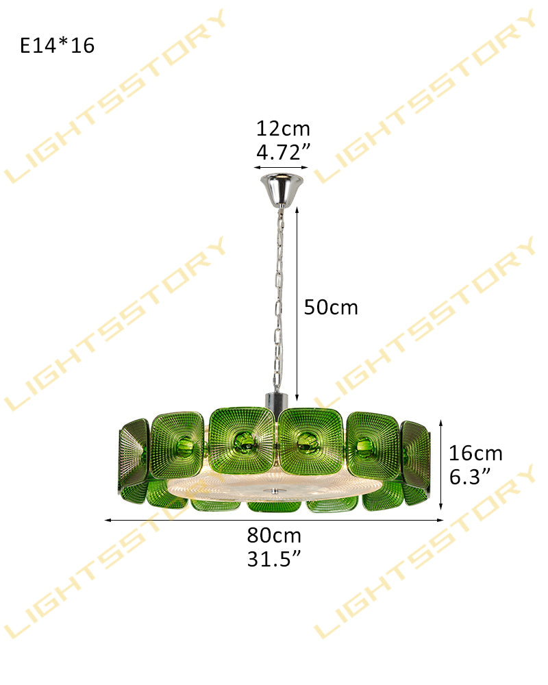 Emerald Green Ghiaccio Glass Halo Ring Chandelier - Emerald Glass, Lux Brass Trim - Living Rooms, Bedrooms, Dining Rooms