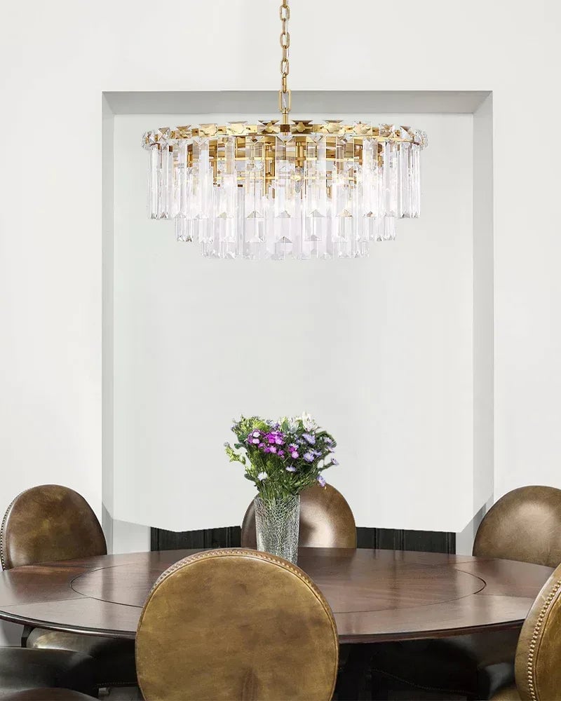 Gstaad Series Grand Chandelier | Tiered Cut-Clear Glass Layered tiers of cut-clear glass crystals on a solid stainless steel frame, Brushed Chrome finish for Entryways, dining rooms, and great rooms American chandelier