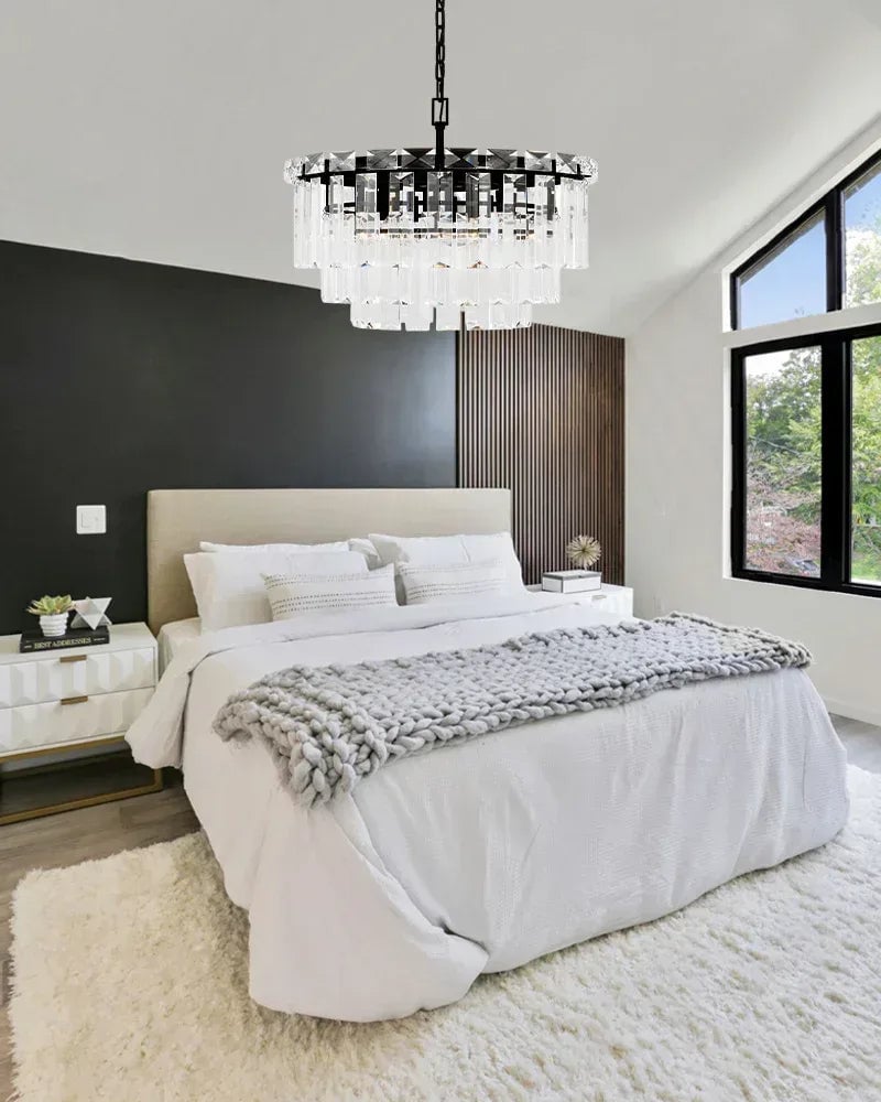Gstaad Series Grand Chandelier | Tiered Cut-Clear Glass Layered tiers of cut-clear glass crystals with a solid stainless steel frame, Gold, Black, and Chrome Stainless finish for Entryways, dining rooms, and great rooms American chandelier