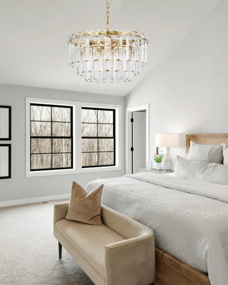 Gstaad Series Grand Chandelier | Tiered Cut-Clear Glass Layered tiers of cut-clear glass crystals on a solid stainless steel frame, Brushed Chrome finish for Entryways, dining rooms, and great rooms American chandelier