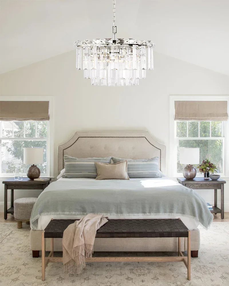 Gstaad Series Grand Chandelier | Tiered Cut-Clear Glass Layered tiers of cut-clear glass crystals on a solid stainless steel frame, Brushed Chrome finish for Entryways, dining rooms, and great rooms American chandelier