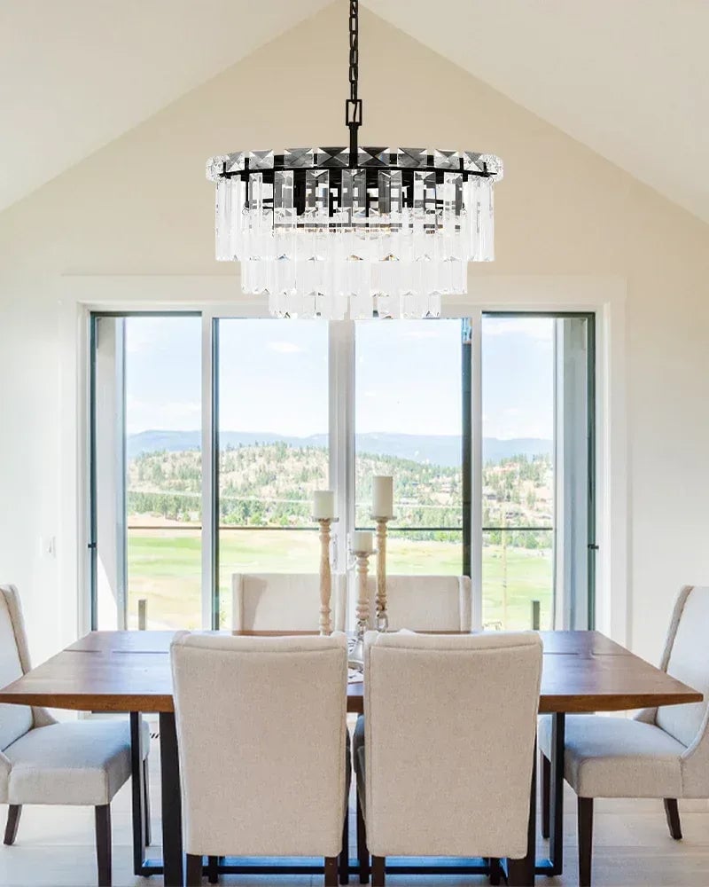 Gstaad Series Grand Chandelier | Tiered Cut-Clear Glass Layered tiers of cut-clear glass crystals on a solid stainless steel frame, Brushed Chrome finish for Entryways, dining rooms, and great rooms American chandelier