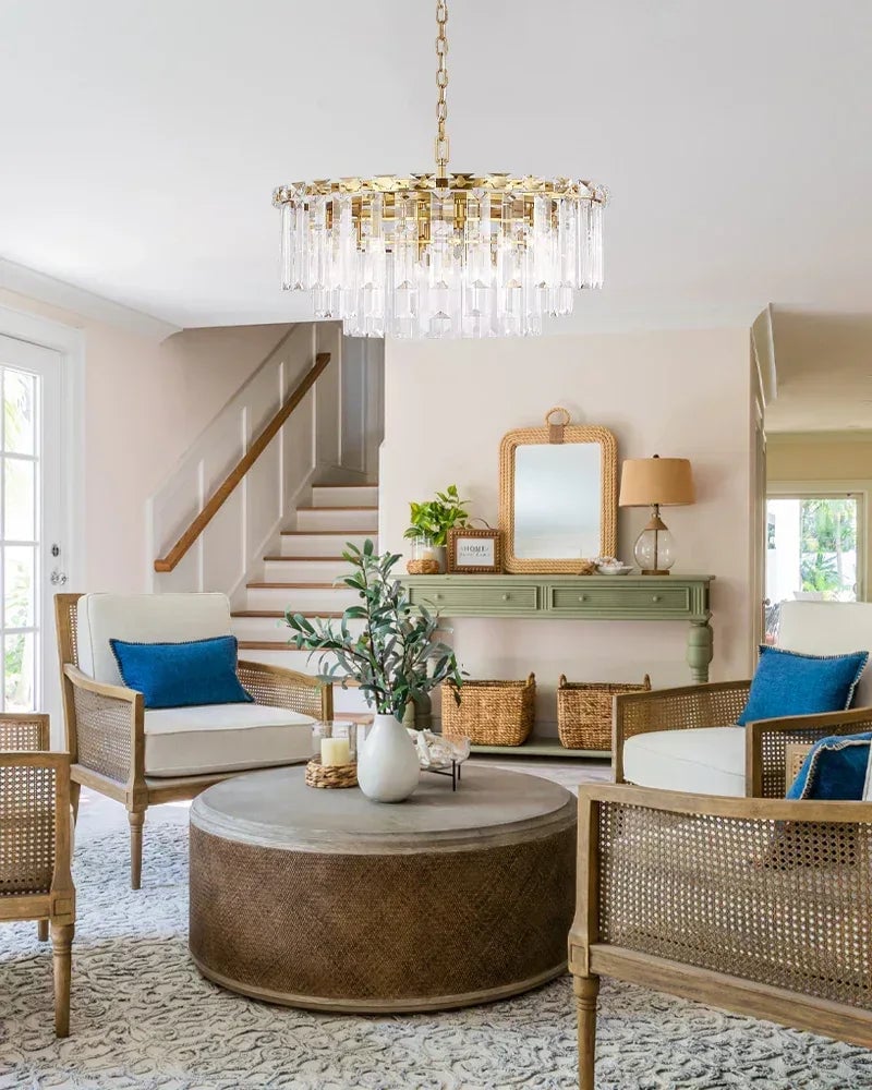 Gstaad Series Grand Chandelier | Tiered Cut-Clear Glass Layered tiers of cut-clear glass crystals on a solid stainless steel frame, Brushed Chrome finish for Entryways, dining rooms, and great rooms American chandelier