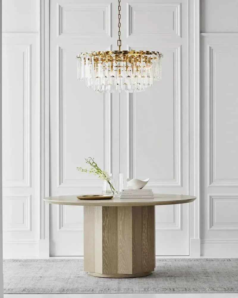 Gstaad Series Grand Chandelier | Tiered Cut-Clear Glass Layered tiers of cut-clear glass crystals with a solid stainless steel frame, Gold, Black, and Chrome Stainless finish for Entryways, dining rooms, and great rooms American chandelier