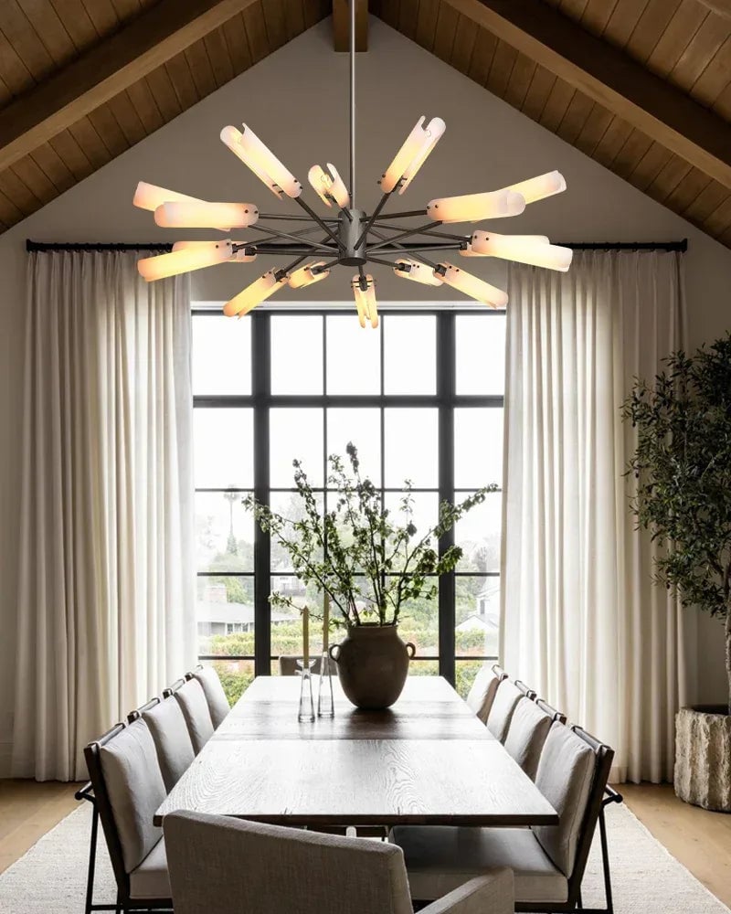 Knightsbridge Series Geometric Chandelier | Circular Solid Brass and Handmade Frosted Soda-Lime Glass, Artisan Patina Finish for Dining Rooms and Entryways American chandelier