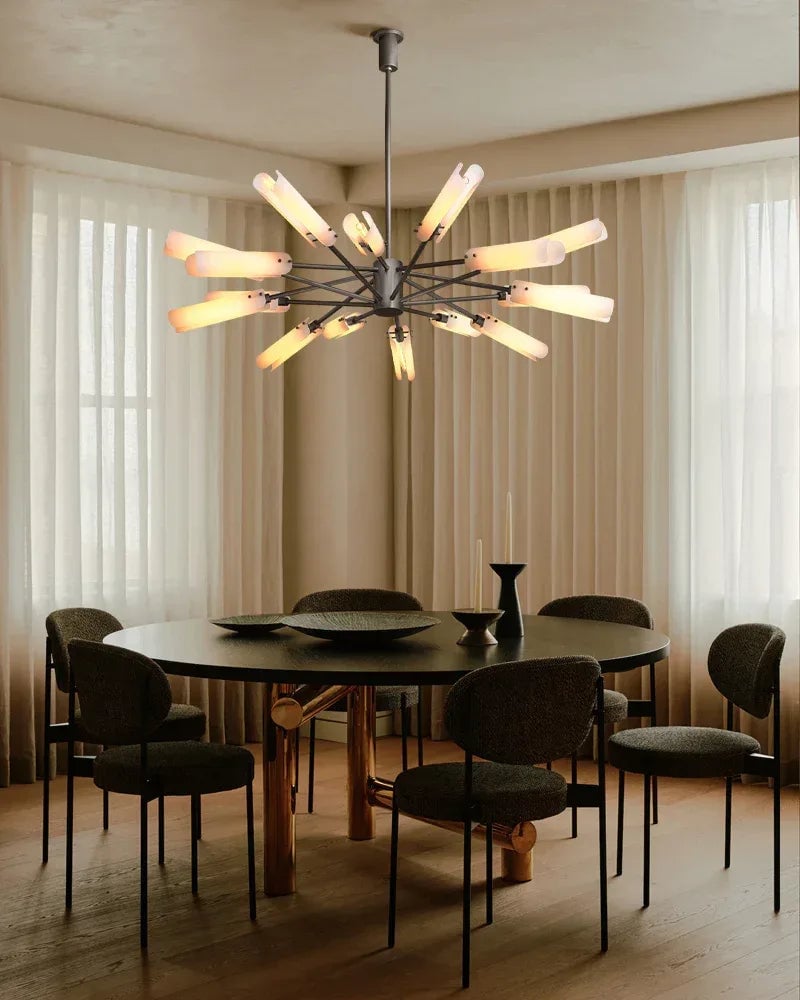 Knightsbridge Series Geometric Chandelier | Circular Solid Brass and Handmade Frosted Soda-Lime Glass, Artisan Patina Finish for Dining Rooms and Entryways American chandelier