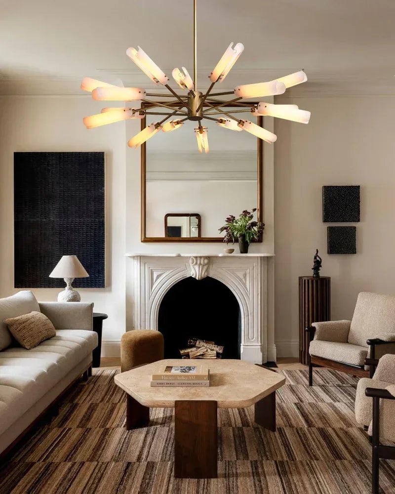 Knightsbridge Series Geometric Chandelier | Linear Solid Brass and Handmade Frosted Soda-Lime Glass, Antique Brass and Black Artisan Patina for Dining Rooms and Entryways American chandelier