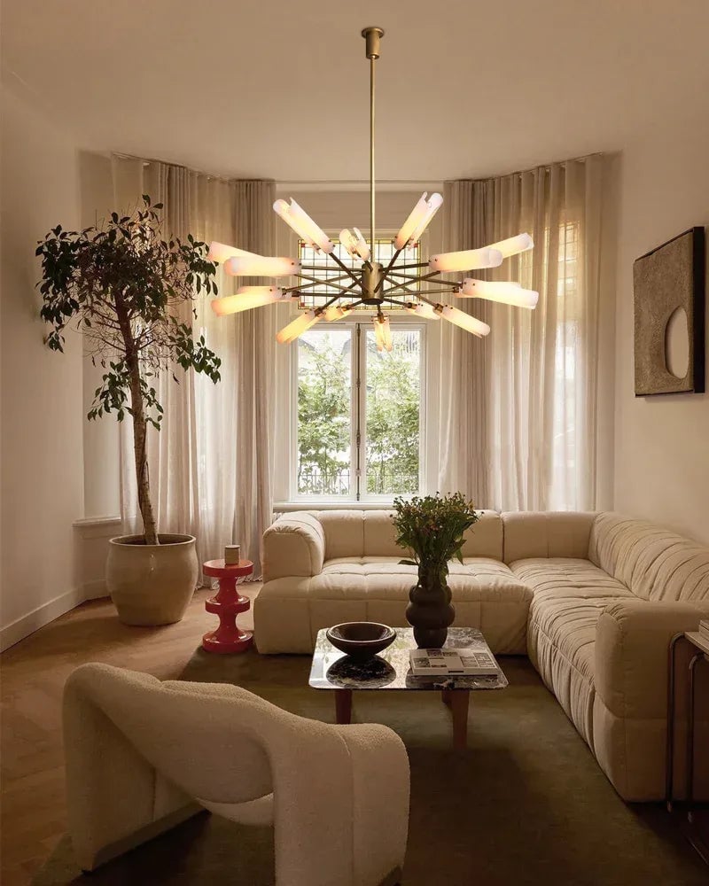 Knightsbridge Series Geometric Chandelier | Linear Solid Brass and Handmade Frosted Soda-Lime Glass, Antique Brass and Black Artisan Patina for Dining Rooms and Entryways American chandelier