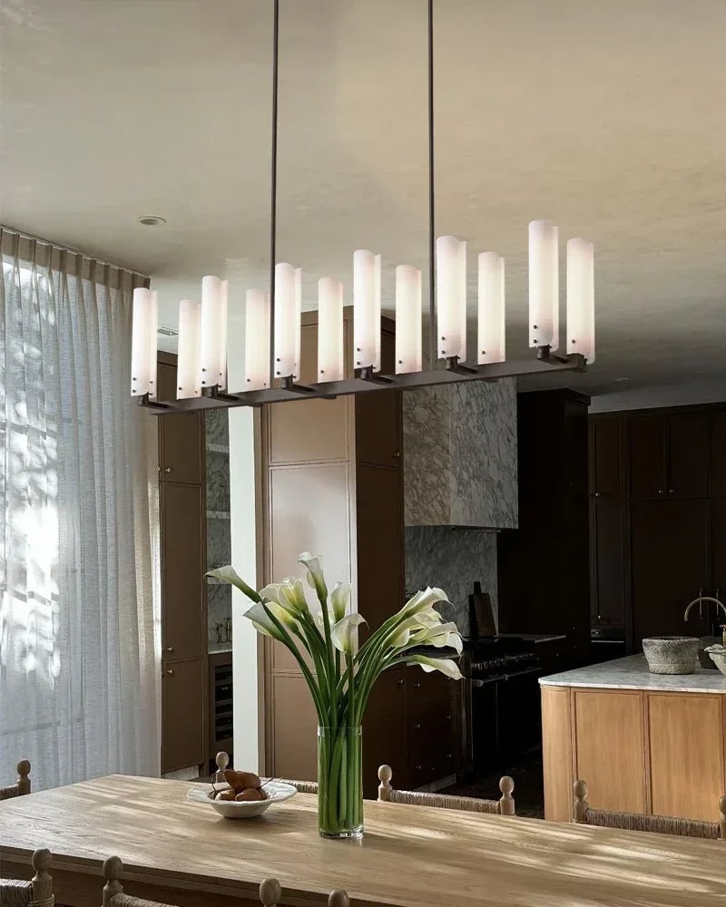 Knightsbridge Series Geometric Chandelier | Linear Solid Brass and Handmade Frosted Soda-Lime Glass, Antique Brass and Black Artisan Patina for Dining Rooms and Entryways American chandelier