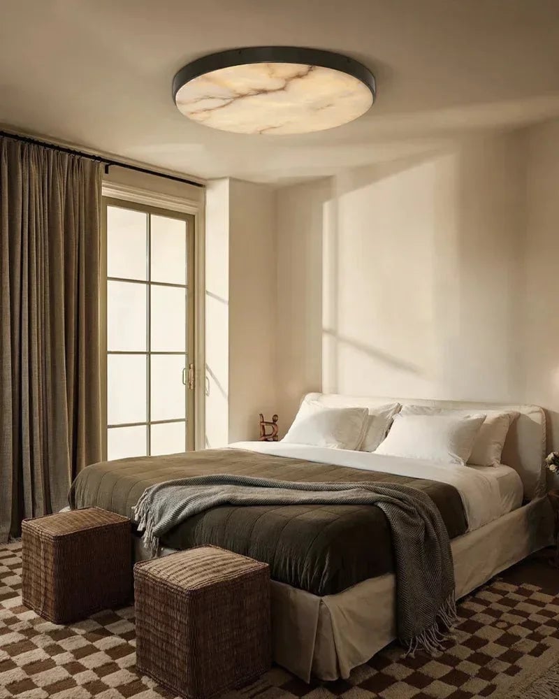 Knokke Series Geometric Ceiling Mount Light | Dome Hand-honed stone disc with organic striations, Solid satin brass for Living rooms, bedrooms, and hallways Modern Ceiling lamp