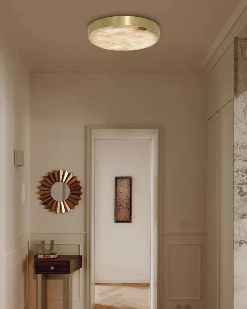 Knokke Series Geometric Flush Mount Ceiling Light | Alabaster Disc Hand-honed translucent stone and solid satin brass, Satin Brass finish for Bedrooms, living rooms, and hallways Modern Ceiling lamp