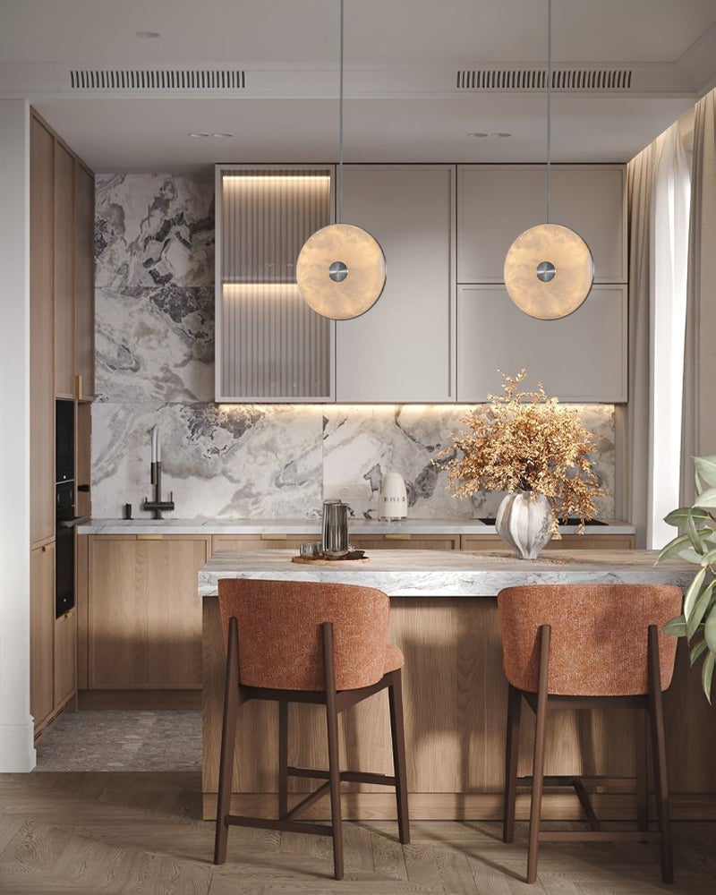 Lausanne Disc Geometric Alabaster Chandelier. Hand-Selected Natural Stone. Sleek metal finish for Kitchen Islands, Entryways, and Dining Rooms Modern Pendant lamp