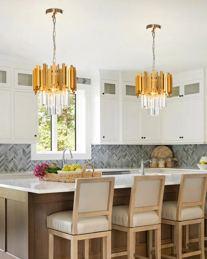 LightsStory Series Cascading Chandelier | Drum Frame Cascading Crystal Gold stainless steel drum frame with hand-strung clear crystals, Premium Gold finish for Grand Foyers, Lobbies, and Dining Rooms Luxury Modern Chandelier