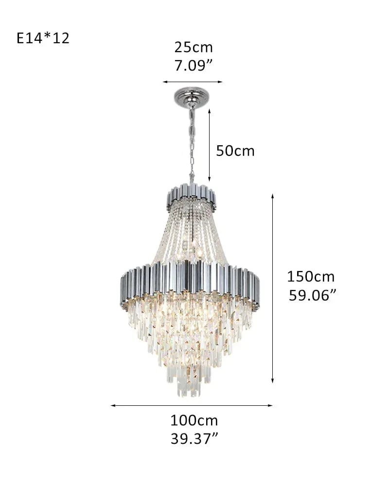 LightsStory Series Cascading Chandelier | Drum Frame Cascading Crystal Gold stainless steel drum frame with hand-strung clear crystals, Premium Gold finish for Grand Foyers, Lobbies, and Dining Rooms D100*H150CM D39.37“*H59.06" Silver Luxury Modern Chandelier