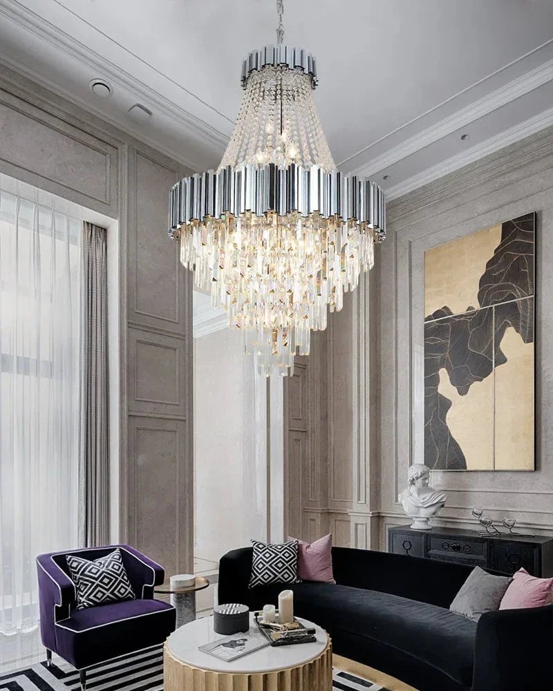 LightsStory Series Cascading Chandelier | Drum Frame Cascading Crystal Gold stainless steel drum frame with hand-strung clear crystals, Premium Gold finish for Grand Foyers, Lobbies, and Dining Rooms Luxury Modern Chandelier