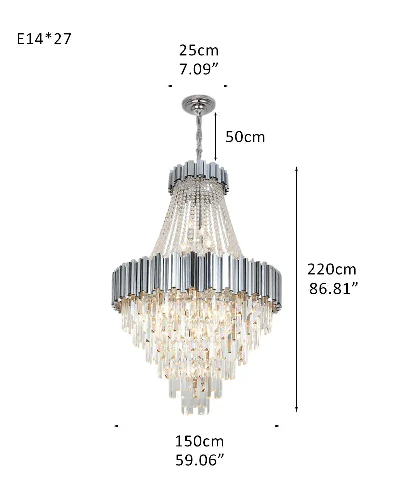 LightsStory Series Cascading Chandelier | Drum Frame Cascading Crystal Gold stainless steel drum frame with hand-strung clear crystals, Premium Gold finish for Grand Foyers, Lobbies, and Dining Rooms D150*H220CM D59.06“*H86.81" Silver Luxury Modern Chandelier
