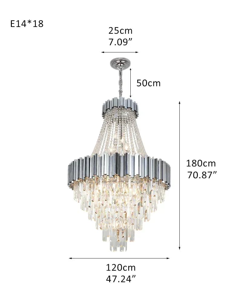 LightsStory Series Cascading Chandelier | Drum Frame Cascading Crystal Gold stainless steel drum frame with hand-strung clear crystals, Premium Gold finish for Grand Foyers, Lobbies, and Dining Rooms D120*H180CM D47.24“*H70.87" Silver Luxury Modern Chandelier