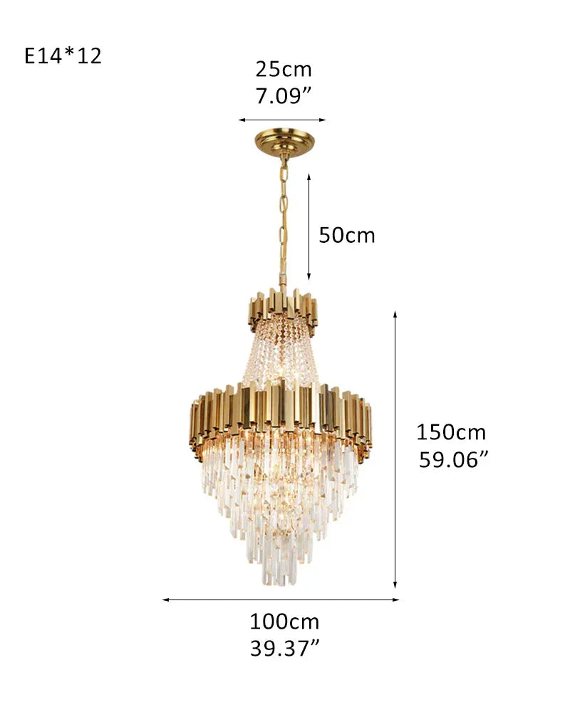 LightsStory Series Cascading Chandelier | Drum Frame Cascading Crystal Gold stainless steel drum frame with hand-strung clear crystals, Premium Gold finish for Grand Foyers, Lobbies, and Dining Rooms D100*H150CM D39.37“*H59.06" Gold Luxury Modern Chandelier