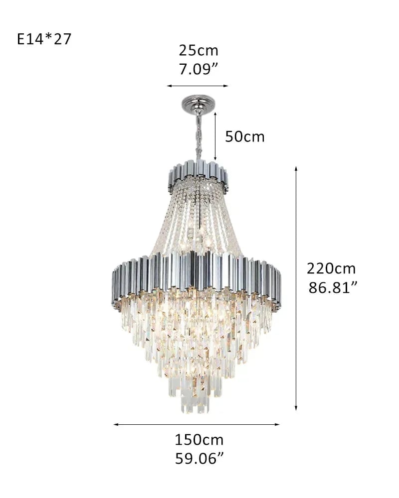 LightsStory Series Cascading Chandelier | Drum Frame Gold stainless steel drum frame with hand-strung clear crystals, Premium Gold finish for Grand Foyers and Dining Rooms D150*H220CM D59.06“*H86.81" Silver Luxury Modern Chandelier