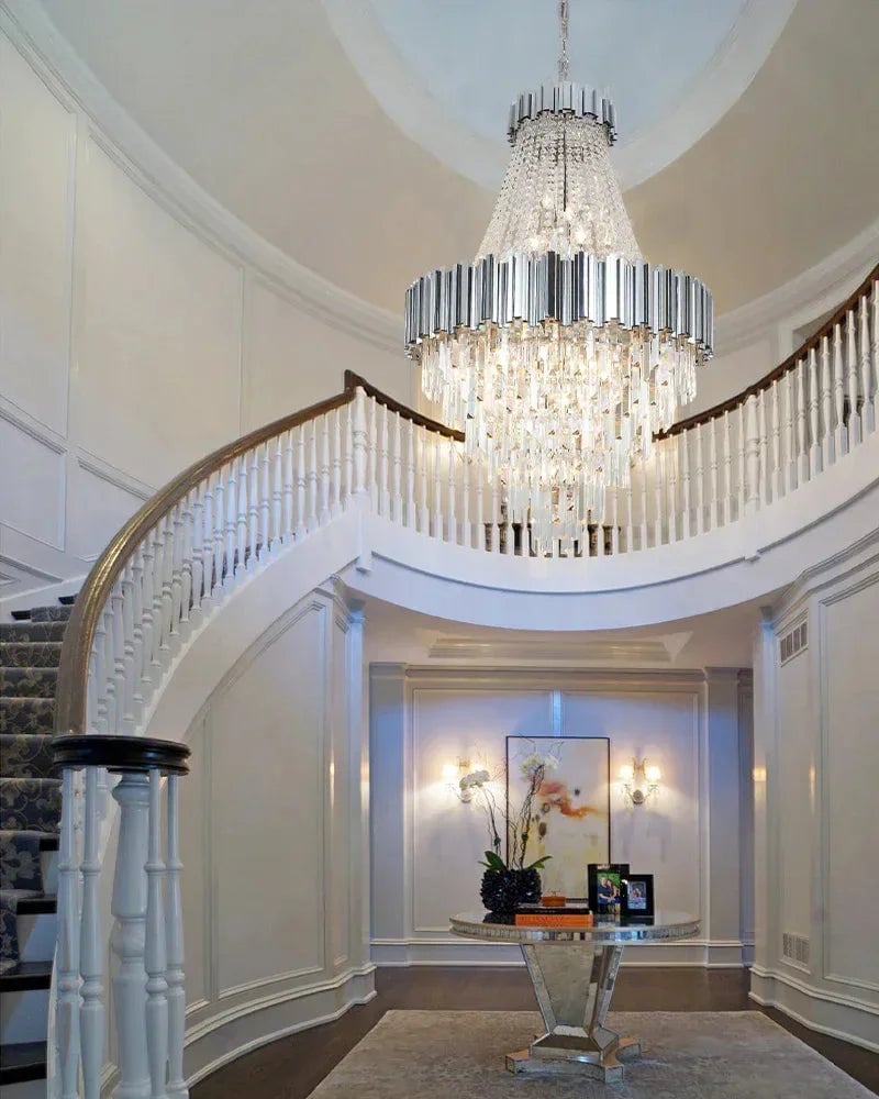LightsStory Series Cascading Chandelier | Drum Frame Gold stainless steel drum frame with hand-strung clear crystals, Premium Gold finish for Grand Foyers and Dining Rooms Luxury Modern Chandelier
