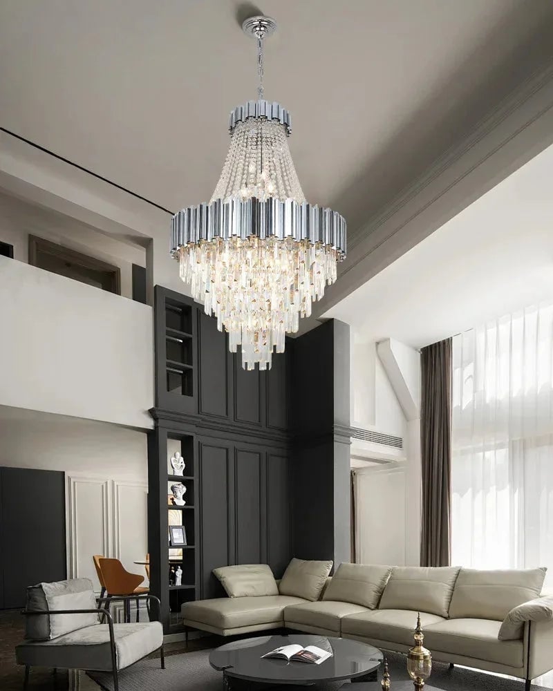 LightsStory Series Cascading Chandelier | Drum Frame Gold stainless steel drum frame with hand-strung clear crystals, Premium Gold finish for Grand Foyers and Dining Rooms Luxury Modern Chandelier