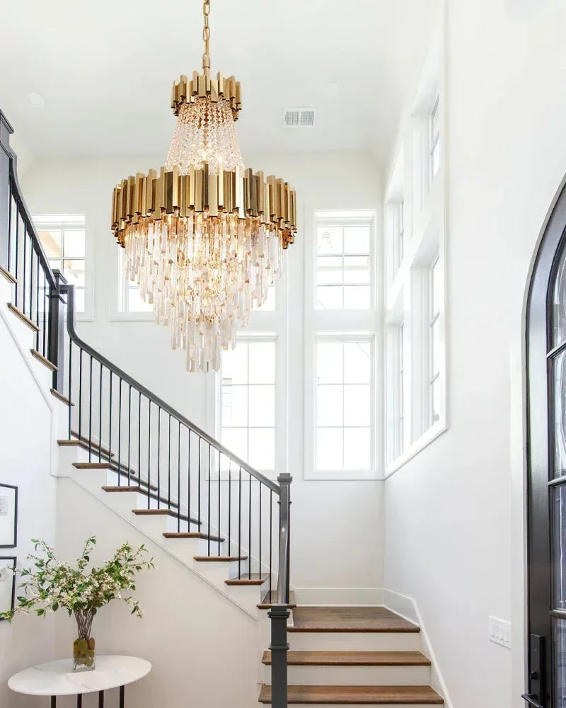 LightsStory Series Cascading Chandelier | Drum Frame Gold stainless steel drum frame with hand-strung clear crystals, Premium Gold finish for Grand Foyers and Dining Rooms Luxury Modern Chandelier