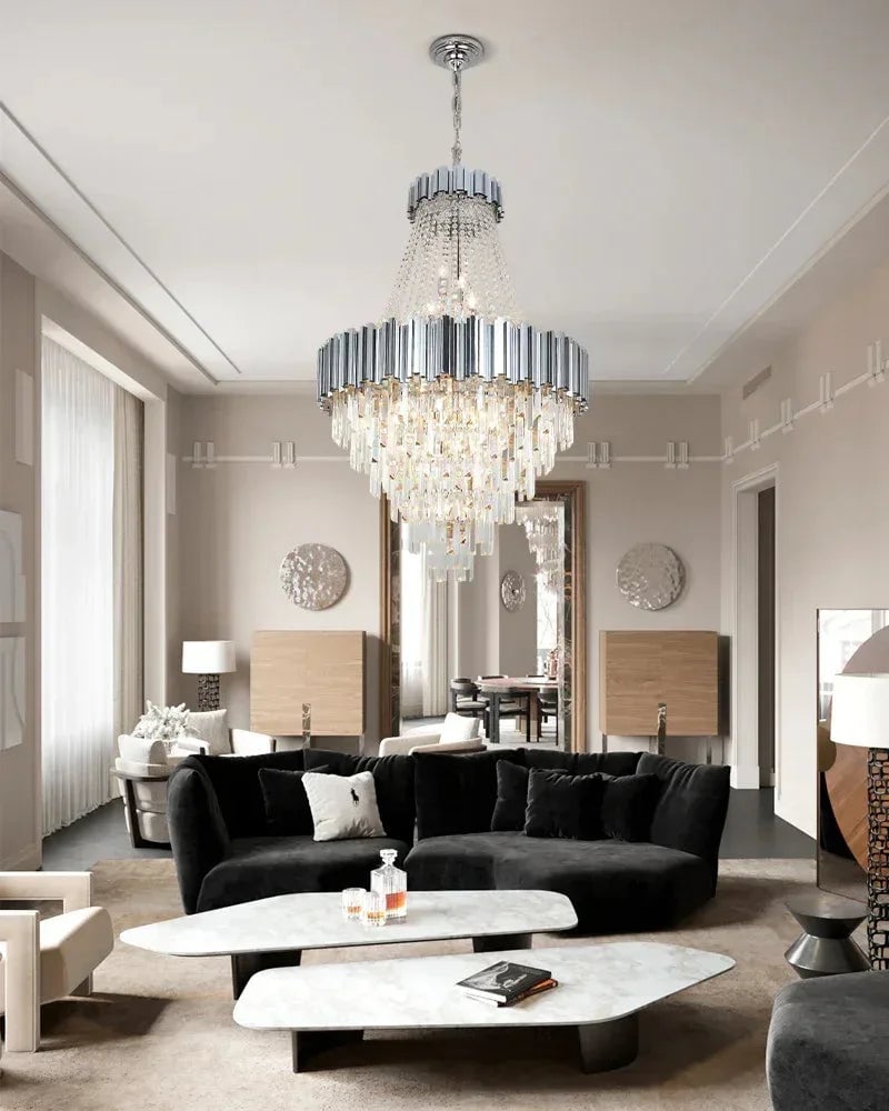 LightsStory Series Cascading Chandelier | Drum Frame Gold stainless steel drum frame with hand-strung clear crystals, Premium Gold finish for Grand Foyers and Dining Rooms Luxury Modern Chandelier