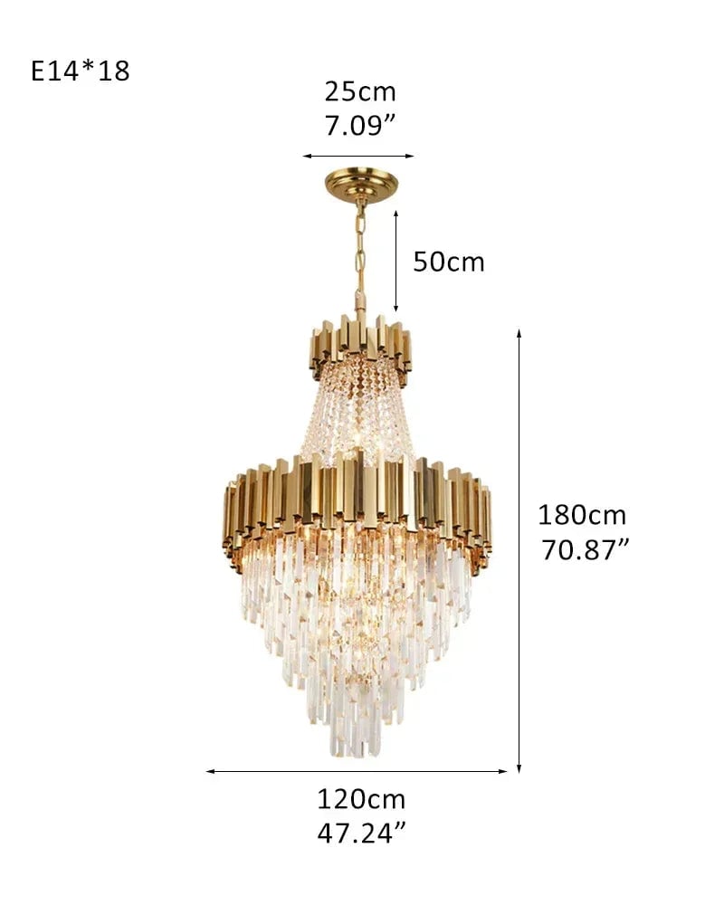 LightsStory Series Cascading Chandelier | Drum Frame Gold stainless steel drum frame with hand-strung clear crystals, Premium Gold finish for Grand Foyers and Dining Rooms D120*H180CM D47.24“*H70.87" Gold Luxury Modern Chandelier