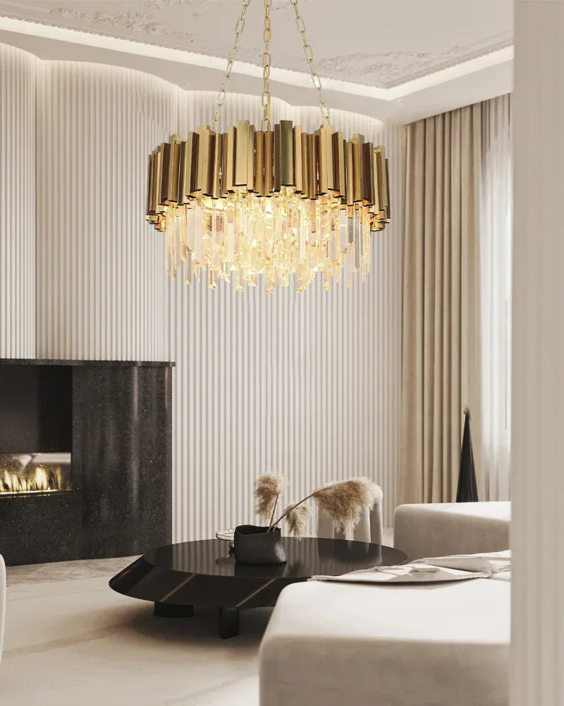 LightsStory Series Cascading Chandelier | Drum Gold stainless steel frame with hand-strung clear crystals, Premium Gold finish for Dining Rooms and Grand Foyers Luxury Drum Round Chandelier