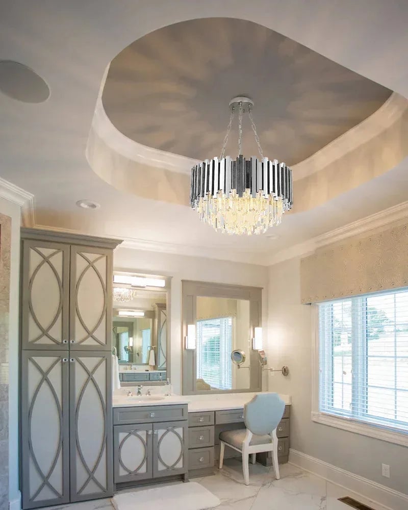 LightsStory Series Cascading Chandelier | Drum Gold stainless steel frame with hand-strung clear crystals, Premium Gold finish for Dining Rooms and Grand Foyers Luxury Drum Round Chandelier