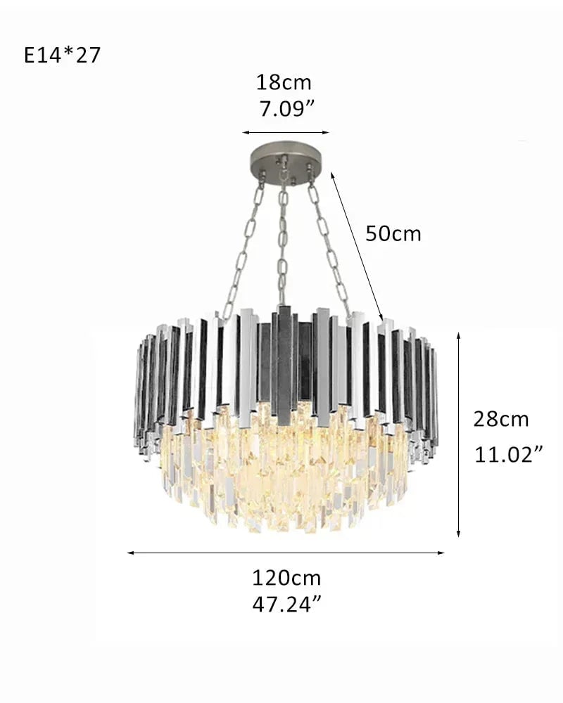 LightsStory Series Cascading Chandelier | Drum Gold stainless steel frame with hand-strung clear crystals, Gold and Chrome finish for Grand Foyers and Dining Rooms D120*H25CM D47.24“*H11.02" Silver Luxury Drum Round Chandelier