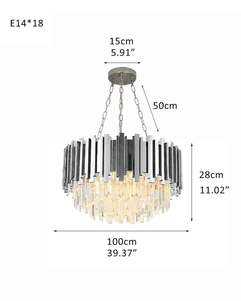 LightsStory Series Cascading Chandelier | Drum Gold stainless steel frame with hand-strung clear crystals, Premium Gold finish for Dining Rooms and Grand Foyers D100*H25CM D39.37“*H11.02" Silver Luxury Drum Round Chandelier