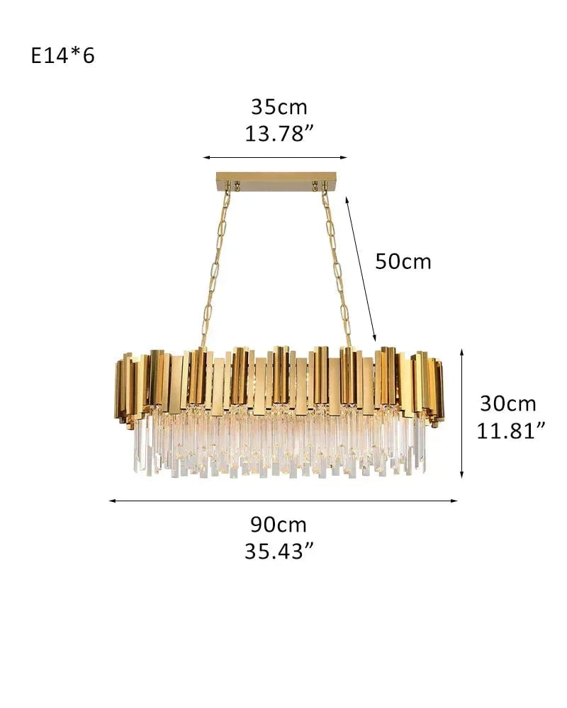 LightsStory Series Cascading Chandelier | Oval Silhouette Cascading K9 Crystals and Premium Stainless Steel, Premium Gold Stainless Steel finish for Dining Rooms and Grand Foyers L90*W30*H30CM L35.43“*W11.81"*H11.81" Gold Luxury Oval Chandelier