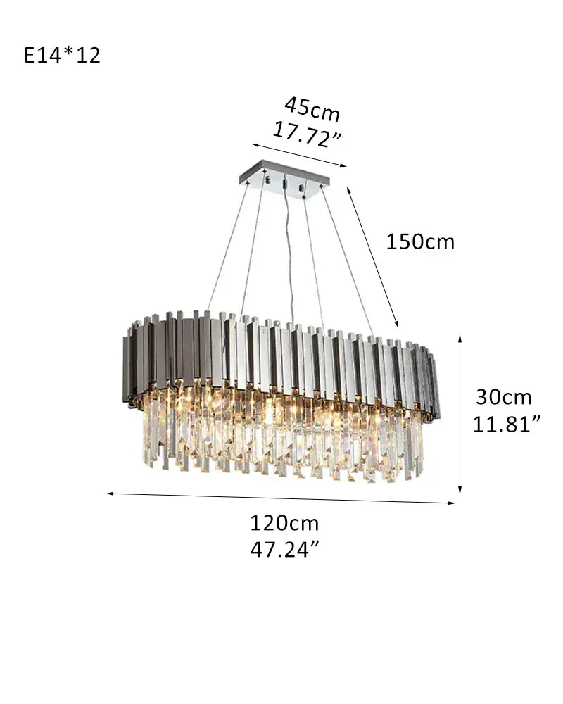 LightsStory Series Cascading Chandelier | Oval Silhouette Cascading K9 Crystals and Premium Stainless Steel, Premium Gold Stainless Steel finish for Dining Rooms and Grand Foyers L120*W30*H30CM L47.24“*W11.81"*H11.81" Silver Luxury Oval Chandelier
