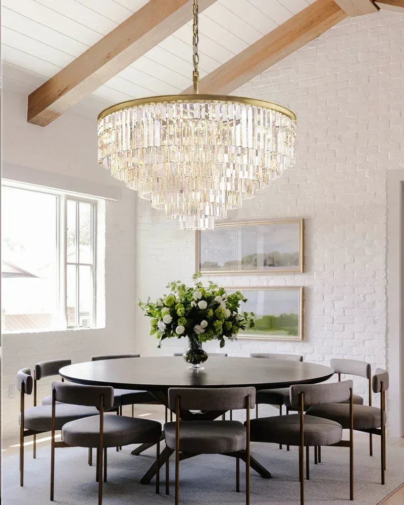 LightsStory Series Cascading Chandelier | Seven Tier Crystal Fringe Precision-cut clear triangular crystal rods and sturdy iron frame, Brushed Gold finish for Grand Foyers and Dining Rooms American chandelier