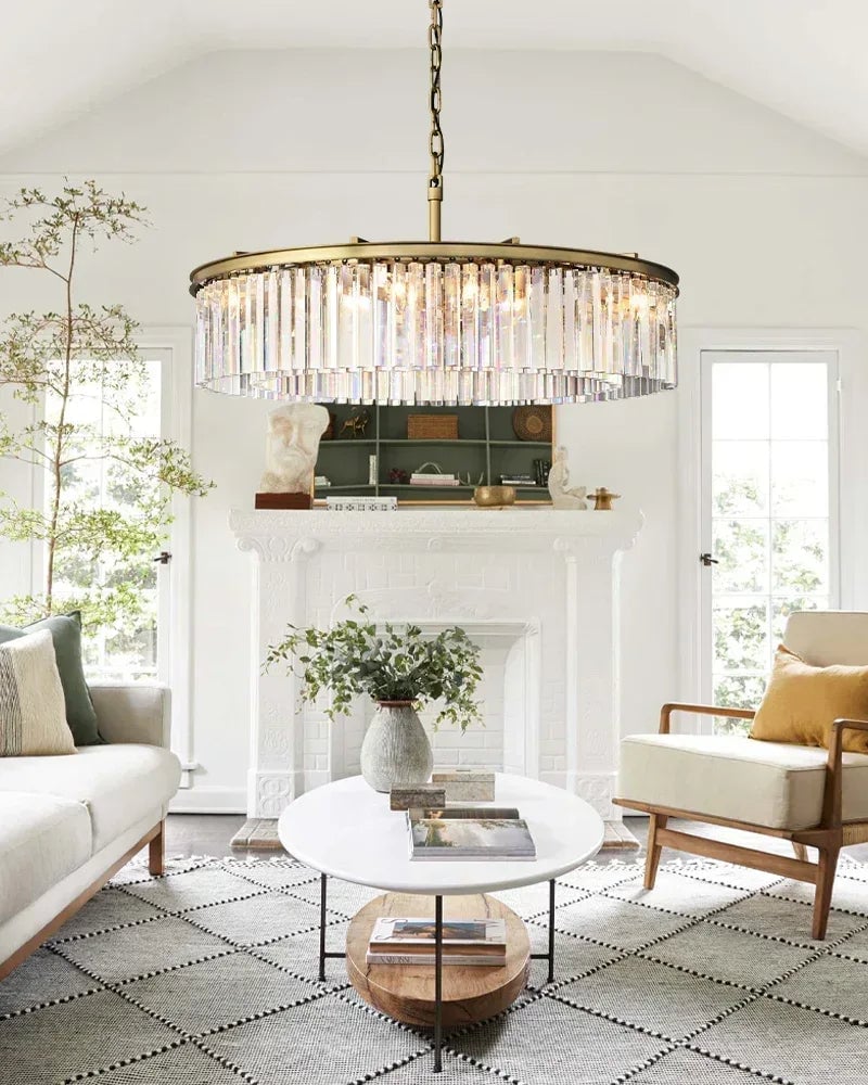 LightsStory Series Cascading Chandelier | Seven Tier Crystal Fringe Precision-cut clear triangular crystal rods and sturdy iron frame, Brushed Gold finish for Grand Foyers and Dining Rooms American chandelier