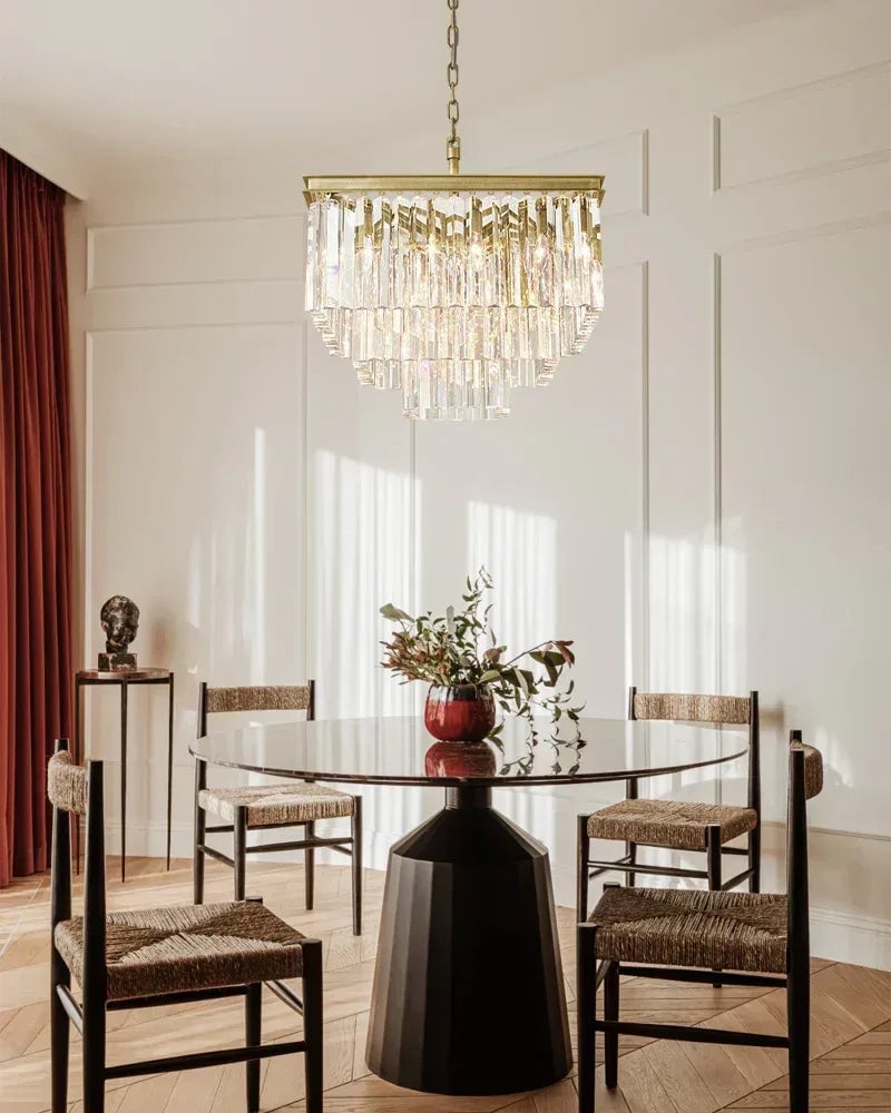 LightsStory Series Cascading Chandelier | Seven Tier Crystal Fringe Precision-cut clear triangular crystal rods and sturdy iron frame, Brushed Gold finish for Grand Foyers and Dining Rooms American chandelier