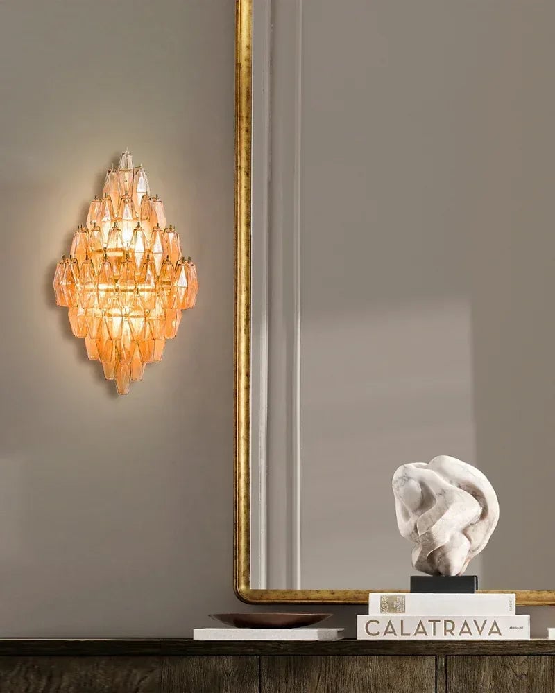 LightsStory Series Cascading Wall Sconce | Tiered Handblown Glass Handblown glass polyhedrons on a tiered steel frame, Multicolor Blown Glass Options for Eclectic living spaces and modern entryways American Vintage chandelier lamp