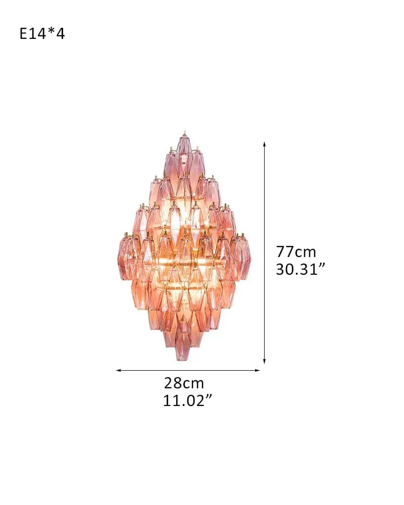 LightsStory Series Cascading Wall Sconce | Tiered Handblown Glass Handblown glass polyhedrons on a tiered steel frame, Multicolor Blown Glass Options for Eclectic living spaces and modern entryways D28*W46*H77CM D11"*W18"*H30" Pink American Vintage chandelier lamp