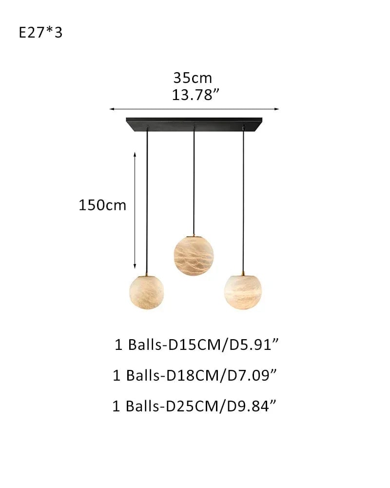 LightsStory Series Ethereal Chandelier | Cascading Alabaster Orbs Natural Translucent Alabaster, Natural Organic Veining for Dining Rooms and Kitchen Islands 3 light-D15+D18+D25CM D5.9"+D7.09"+D9.84" White + Black Modern Pendant lamp