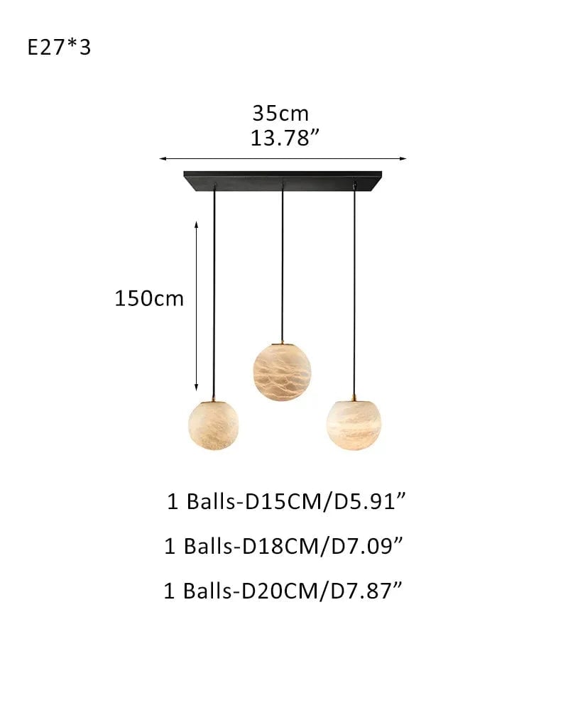 LightsStory Series Ethereal Chandelier | Cascading Alabaster Orbs Natural Translucent Alabaster, Natural Organic Veining for Dining Rooms and Kitchen Islands 3 light-D15+D18+D20CM D5.9"+D7.09"+D7.87" White + Black Modern Pendant lamp