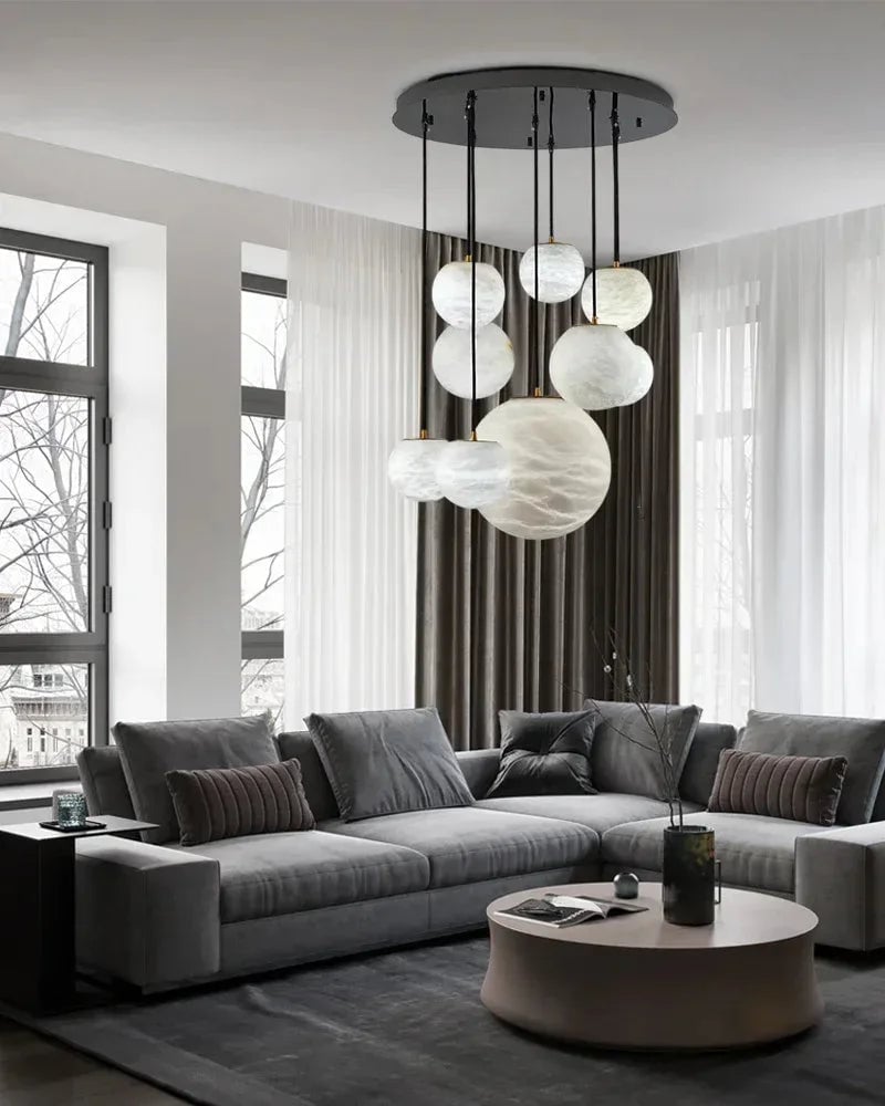 LightsStory Series Ethereal Chandelier | Cascading Alabaster Orbs Natural Translucent Alabaster, Natural Organic Veining for Dining Rooms and Kitchen Islands Modern Pendant lamp
