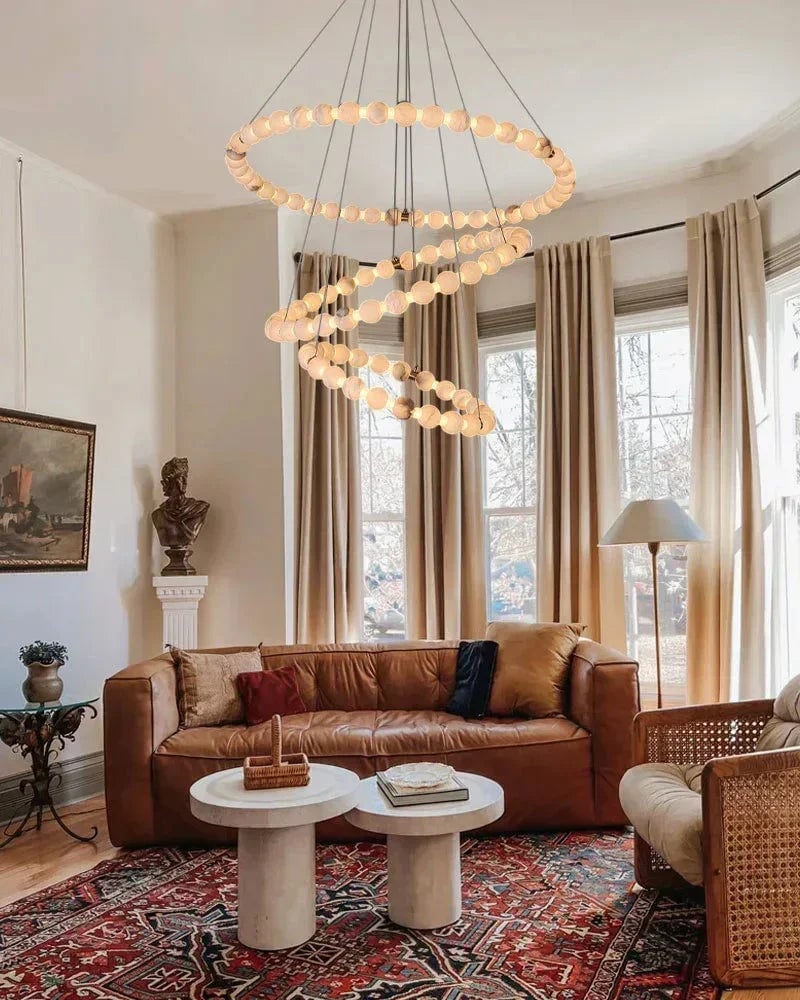 LightsStory Series Ethereal Chandelier | Circle Double Natural Spanish Alabaster, Gleaming metallic finish for Spacious lofts and cozy nooks Luxury Modern Chandelier
