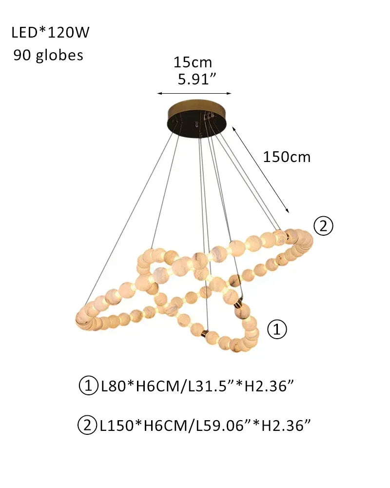 LightsStory Series Ethereal Chandelier | Circle Double Natural Spanish Alabaster, Gleaming metallic finish for Spacious lofts and cozy nooks 90 globes-L80+L150CM L31.5"*L59"-2 Rings White + Gold Luxury Modern Chandelier