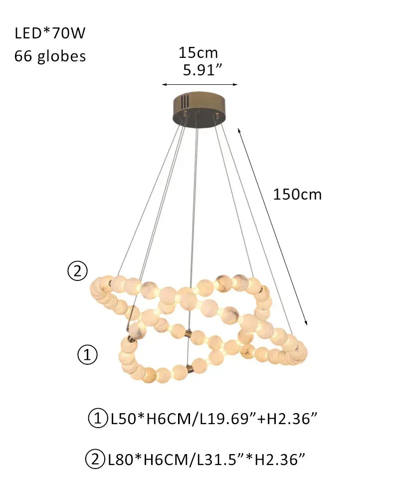 LightsStory Series Ethereal Chandelier | Circle Double Natural Spanish Alabaster, Gleaming metallic finish for Spacious lofts and cozy nooks 48 globes-L50+L80CM L20"*L31.5"-2 Rings White + Gold Luxury Modern Chandelier