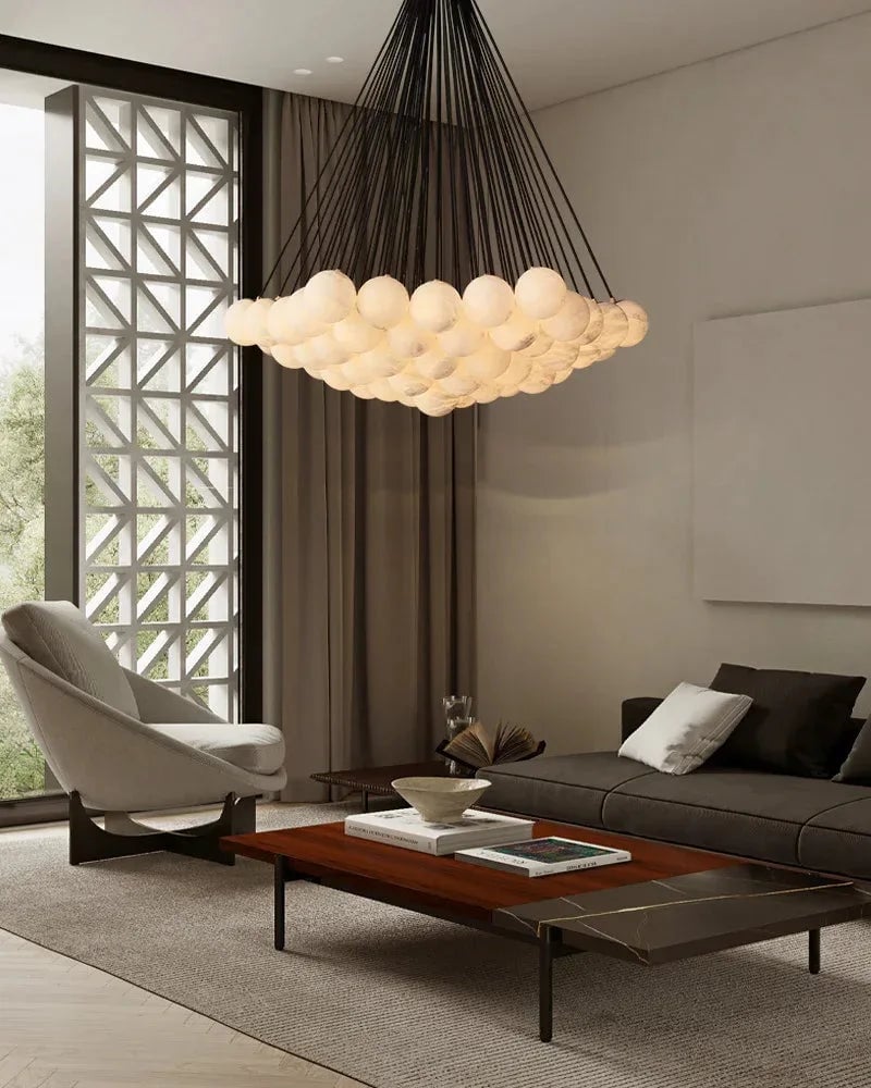 LightsStory Series Ethereal Chandelier | Cluster Globe Frosted Alabaster Globes with Marble-Finish Frame, Matte Marble-Finish for High Ceiling Entrances and Dining Spaces American Vintage chandelier lamp