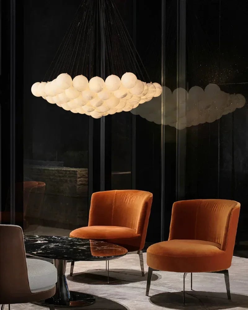 LightsStory Series Ethereal Chandelier | Cluster Globe Frosted Alabaster Globes with Marble-Finish Frame, Matte Marble-Finish for High Ceiling Entrances and Dining Spaces American Vintage chandelier lamp