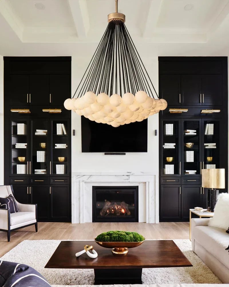 LightsStory Series Ethereal Chandelier | Cluster Globe Frosted Alabaster Globes with Marble-Finish Frame, Matte Marble-Finish for High Ceiling Entrances and Dining Spaces American Vintage chandelier lamp
