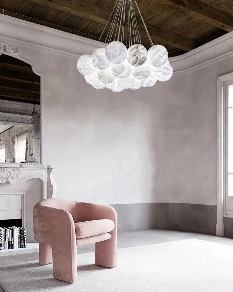 LightsStory Series Ethereal Chandelier | Cluster Globe Frosted Alabaster Globes with Marble-Finish Frame, Matte Marble-Finish for High Ceiling Entrances and Dining Spaces American Vintage chandelier lamp